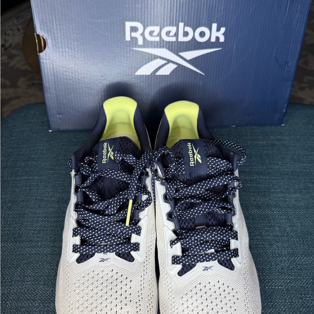 Reebok White and Blue Athletic Shoes with Yellow Highlights
